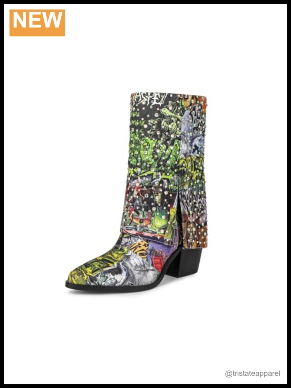 Women's Rhinestone Mid Calf Boots Chunky Heel Western Denim